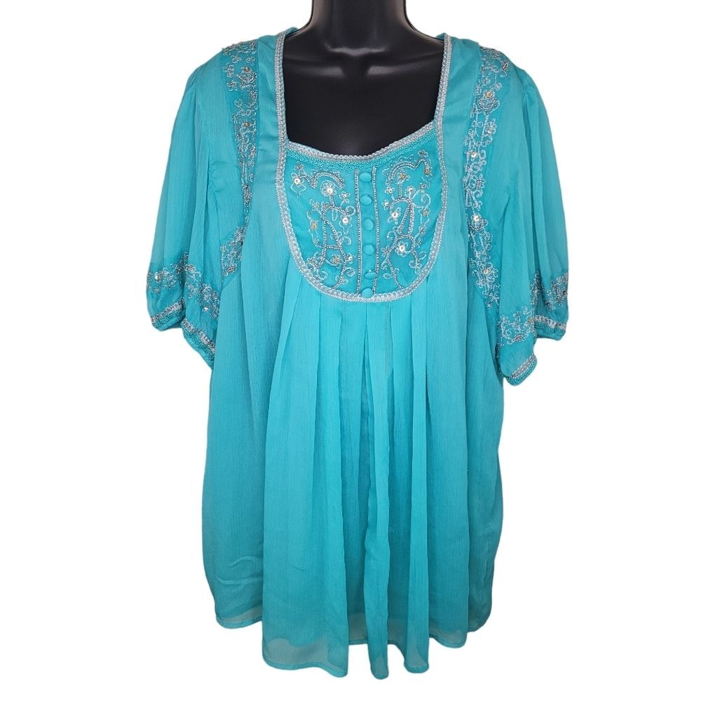 Denim 24/7 bohemian embroidered chiffon peasant top size 24W
